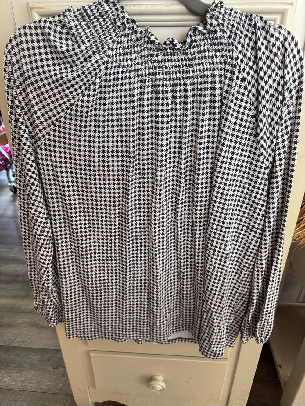 LOFT Black and White Houndstooth Smocked-Neck Blouse
